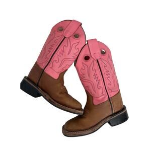 Old West Girls Pink & Brown Leather Cowboy Boots Kids 9D Square Toe